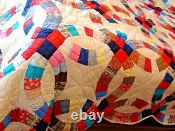 HUGE Vintage Handmade Double Wedding Ring QUILT Hand Quilted 96 X 112 Nice