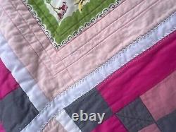 Hand Made Quilt Vintage Handkerchief Shirts Signed 2013 pink gray 82 x 112