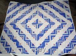 Hand Made Sewn Stitched LOG CABIN Patchwork Quilt 96x104 Blue/White Bedspread