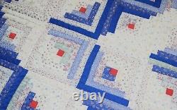 Hand Made Sewn Stitched LOG CABIN Patchwork Quilt 96x104 Blue/White Bedspread