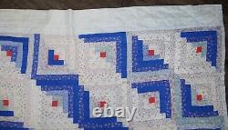 Hand Made Sewn Stitched LOG CABIN Patchwork Quilt 96x104 Blue/White Bedspread