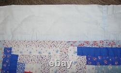 Hand Made Sewn Stitched LOG CABIN Patchwork Quilt 96x104 Blue/White Bedspread