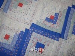 Hand Made Sewn Stitched LOG CABIN Patchwork Quilt 96x104 Blue/White Bedspread