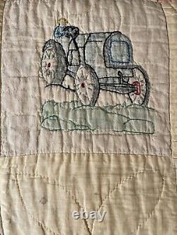 Hand Stitched Farm Pattern Patchwork Quilt 66x79 Worn Stains Shabby Vintage
