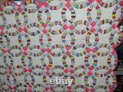 Hand-Stitched Pieced Double Wedding Ring Quilt Vintage Fabrics Scalloped 94x81