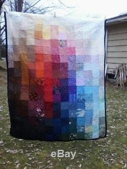 Hand quilted gradient patchwork square colorful quilt, throw, twin bed cover