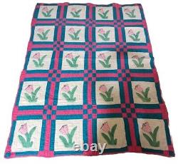 Hand stitch vintage tulip patern quilt bedspread Pink Blue Green Color
