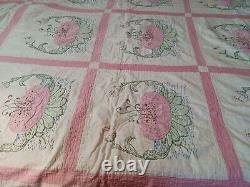 Handmade 1930s Applique & Patchwork Quilt w Pink Water Lilies Flowers & Note