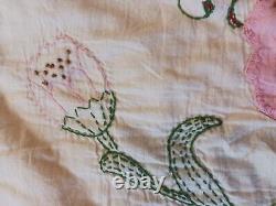 Handmade 1930s Applique & Patchwork Quilt w Pink Water Lilies Flowers & Note