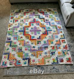 Handmade 70s Vtg Polyester QUILT Bright Floral/ Patchwork O. A. K 71x87 Beautiful
