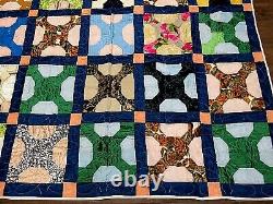 Handmade Antique Patchwork Twin Quilt Multi Color Blended Fabrics 66 x 80