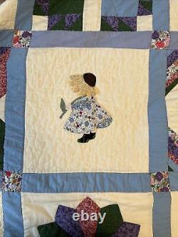 Handmade Appliqué Queen Quilt Multicolor Patchwork Flower Sun Bonnet Sue 94x96