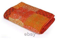Handmade Bohemian Silk Patchwork Kantha Quilt Orange Vintage Quilts Bed Cover