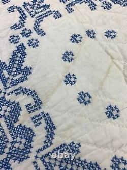 Handmade Cross Stitch Quilt Top Blue White Homemade Vtg 40s Cotton Blanket 5x7.5