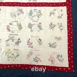 Handmade Embroidered Red White Blue Quilt With 50 State Birds & Flowers 66x96