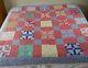 Handmade Feedsack Quilt Hand Stitched Baptist Circle 82 X 76 Patchwork Vintage