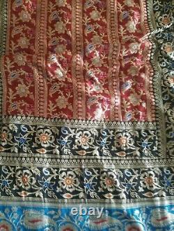 Handmade Floral Patchwork Hand sewn Woven Quilt/Rug Silk Applique 7ft x 9ft