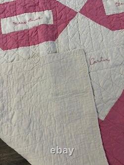 Handmade Friendship Quilt Antique 1800s 1910s 20s Signature Signed Pink Vtg Old