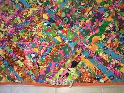 Handmade PATCHWORK Quilt BLANKET BEDSPREAD orange hawaiian vintage fabric 64x74