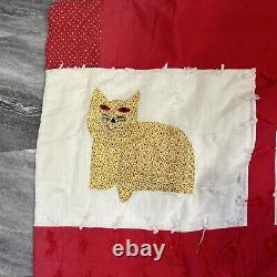 Handmade Patchwork Cat Quilt Hand Quilted Christmas 1982 68x64