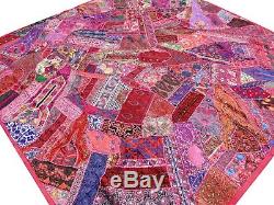 Handmade Patchwork Pink Vintage Sari Quilt Queen Bedspread Bed cover India Boho
