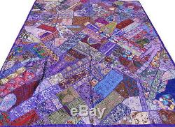 Handmade Patchwork Purple Quilt Vintage Sari King Bedspread Bed cover India Boho