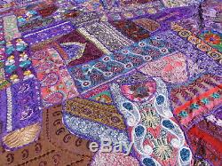 Handmade Patchwork Purple Quilt Vintage Sari King Bedspread Bed cover India Boho
