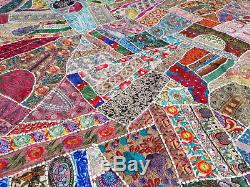 Handmade Patchwork White Quilt Vintage Multi Color Queen India Bedspread Boho