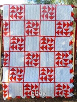 Handmade Quilt 108x90 Orange Triangles White Squares Machine Pieced Hand Quilted