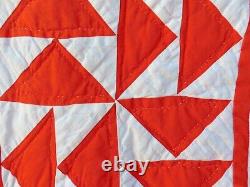 Handmade Quilt 108x90 Orange Triangles White Squares Machine Pieced Hand Quilted