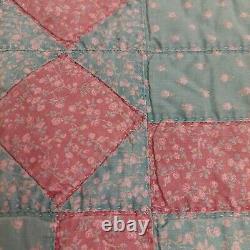 Handmade Vintage 80s Quilt Pink Blue Ditsy Floral Queen Size Blanket 91 X 80