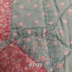 Handmade Vintage 80s Quilt Pink Blue Ditsy Floral Queen Size Blanket 91 X 80