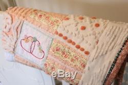 Handmade Vintage Coral and White Chenille Lap Quilt or Decorative Crib Quilt