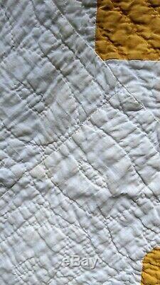 Handmade Vintage Patchwork Yellow White Quilt Throw 75 x 83 Diamond