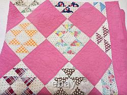 Handmade Vintage Pink Jack's Delight Patchwork Quilt 1940s-50s 56x88 Feedsack F