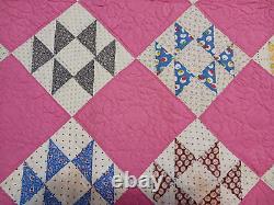 Handmade Vintage Pink Jack's Delight Patchwork Quilt 1940s-50s 56x88 Feedsack F