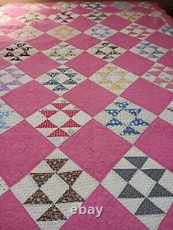 Handmade Vintage Pink Jack's Delight Patchwork Quilt 1940s-50s 56x88 Feedsack F