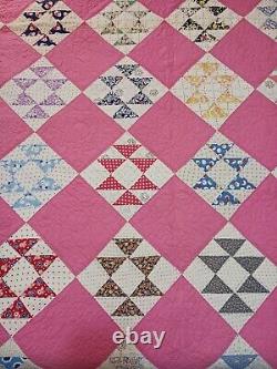 Handmade Vintage Pink Jack's Delight Patchwork Quilt 1940s-50s 56x88 Feedsack F