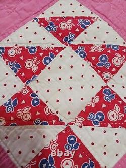 Handmade Vintage Pink Jack's Delight Patchwork Quilt 1940s-50s 56x88 Feedsack F