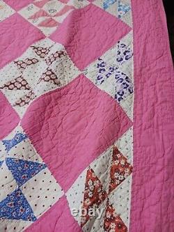 Handmade Vintage Pink Jack's Delight Patchwork Quilt 1940s-50s 56x88 Feedsack F