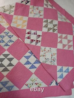 Handmade Vintage Pink Jack's Delight Patchwork Quilt 1940s-50s 56x88 Feedsack F