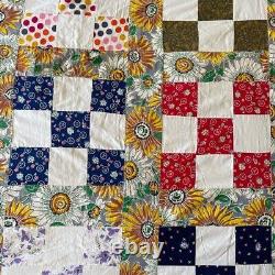 Handmade Vintage Retro Multicolor Floral Patch Reversible Quilt Blanket Throw