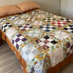 Handmade Vintage Retro Multicolor Floral Patch Reversible Quilt Blanket Throw