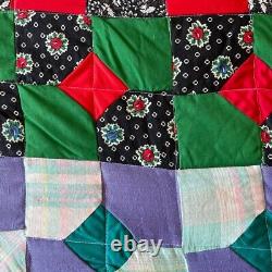Handmade Vintage Retro Rainbow Floral Patch Quilt Reversible Throw Blanket