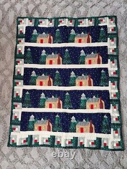 Handmade Vintage Throw Quilt Christmas Winter Log Cabin Trees Wall Hanging 60x48