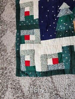 Handmade Vintage Throw Quilt Christmas Winter Log Cabin Trees Wall Hanging 60x48