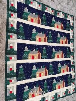 Handmade Vintage Throw Quilt Christmas Winter Log Cabin Trees Wall Hanging 60x48