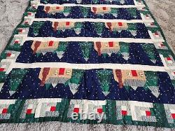 Handmade Vintage Throw Quilt Christmas Winter Log Cabin Trees Wall Hanging 60x48