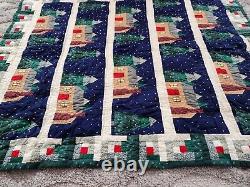 Handmade Vintage Throw Quilt Christmas Winter Log Cabin Trees Wall Hanging 60x48