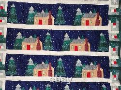 Handmade Vintage Throw Quilt Christmas Winter Log Cabin Trees Wall Hanging 60x48